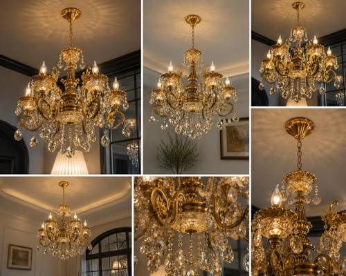 Image of Modern Contemporary Glass Chandelier Ceiling Lighting Lamp Hanging Chandelier, 6-Light Antique Gold Finish Light with Bulbs