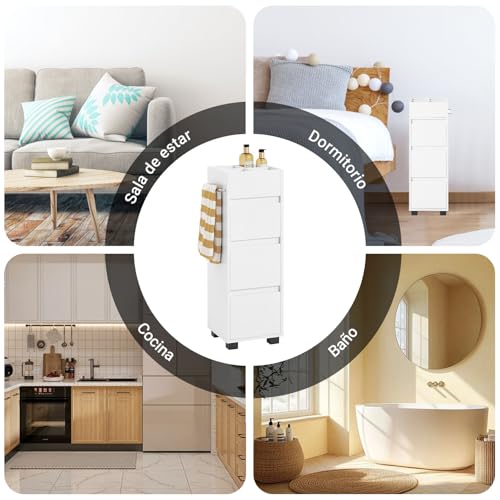 SoBuy Mueble Baño Estrecho– Armario Estrecho con 3 Cajones, 4 Compartimentos, Toallero – Cajonera Baño compacta Adecuada para Espacios reducidos Blanco, 30x90x30 cm, BZR29-W - imagen 7