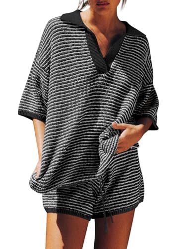 Image of Tankaneo Womens Sweater Set 2 Piece Outfits Oversized 3 /4 Sleeve V Neck Knit Tops High Waisted Shorts Lounge Sets