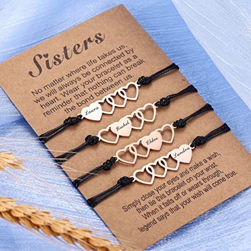 INBLUE Custom Matching Heart Bracelet Set, Personalized Name 2/3/4 Pieces Stainless Steel BFF Best Friend Bracelet Set, Friendship Gift for Sisters Best Friends Besties Women4