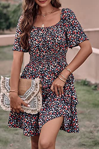 Image of PRETTYGARDEN Women's Summer Floral Ruffle Short Dress | Short Sleeve Square Neck, Flowy Tiered Hem, Fit and Flare, Flower Boho Dresses, Cute Beach Vacation Outfits, Fashion Clothing