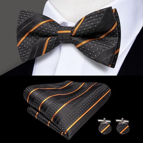 Image of Hi-Tie Black and Gold Mens Stripe Suspender and Pre-Tied Bow Tie Set with Pocket Square Adjustable 6 Clips Y Shape Suspender for Wedding Prom