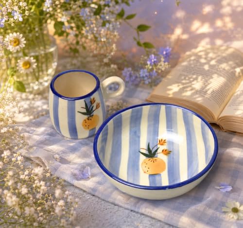 Image of Ceramic Breakfast Set | Bowl & Coffee Mug Combo | Cute Aesthetic Tableware Set for Breakfast, Snacks & Beverages | Microwave & Dishwasher Safe (Blue Stripe)