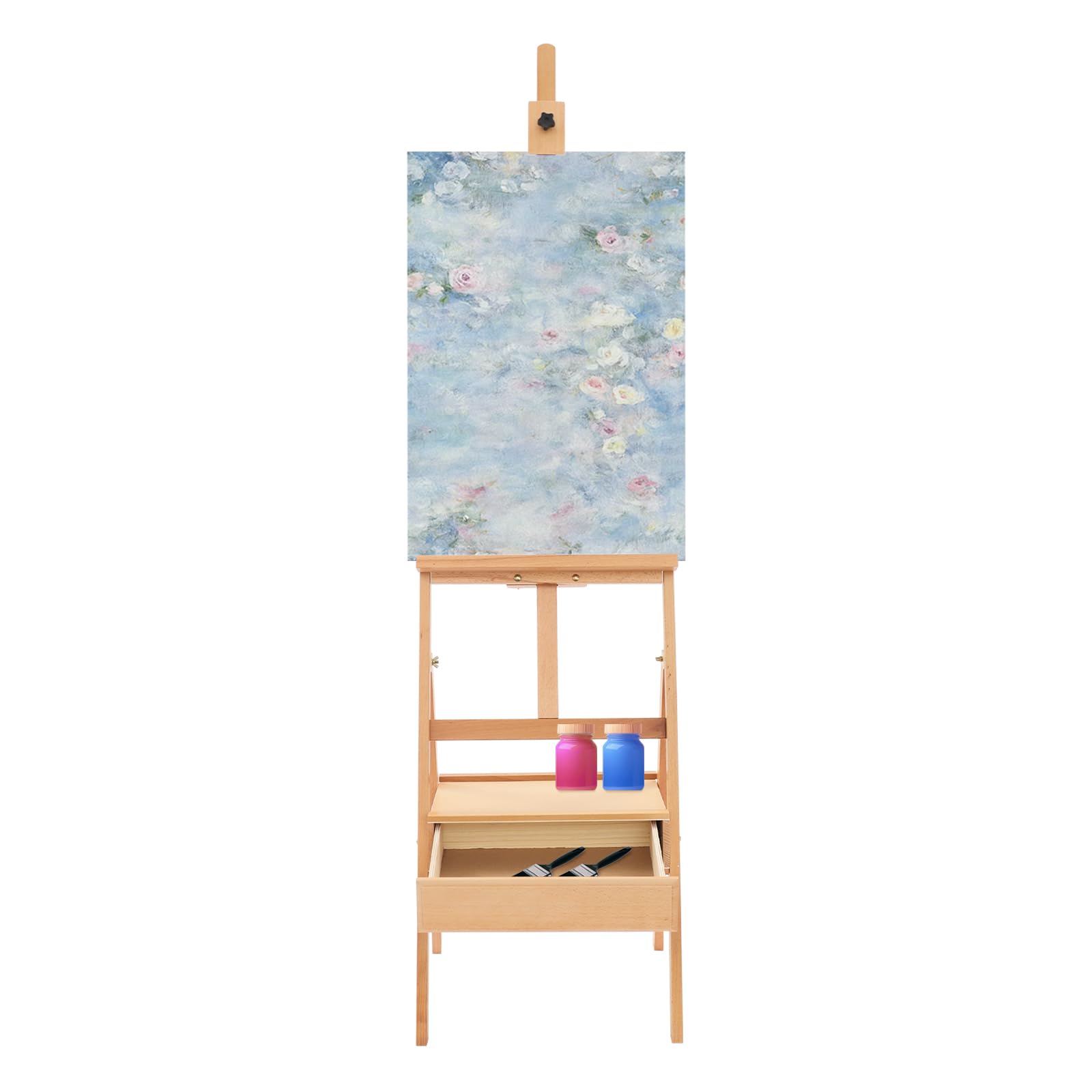 Sztaluga z drewna bukowego z szufladą, sztaluga malarska na płótno do 90 cm, regulacja wysokości 182 cm, lite drewno, sztaluga rysunkowa, kolor drewna
