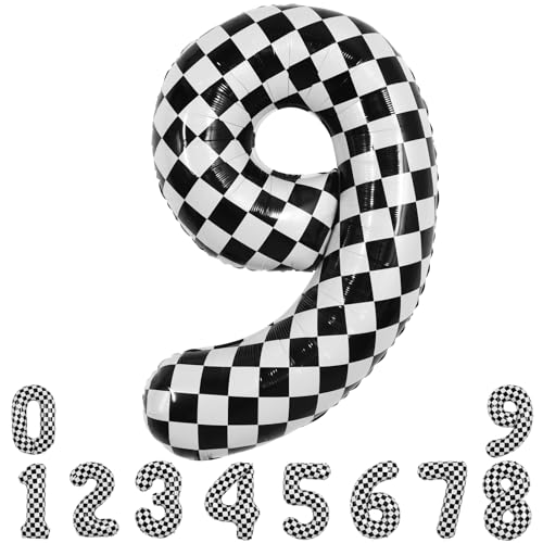 Image of TONIFUL 40 Inch Large Checkered Number 9 Balloon 9th Birthday Decorations