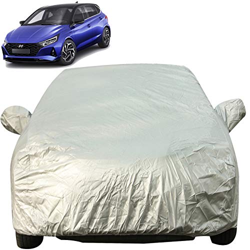 Image of Autofact Waterproof Car Body Cover with Mirror Pockets Compatible for New Hyundai Elite I20 2021 Onwards (Triple Stitched, Bottom Fully Elastic, Light Grey 2 X 2 Matty)