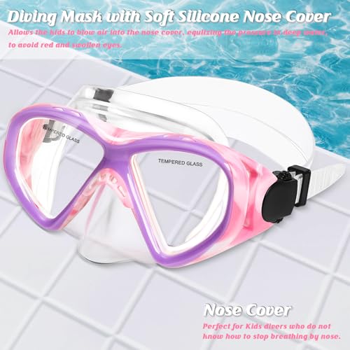 Image of Kids Swim Goggles Snorkel Diving Mask for Boys Girls Ages 5-15, Two-Color Anti-Fog Swimming Goggles with Nose Cover