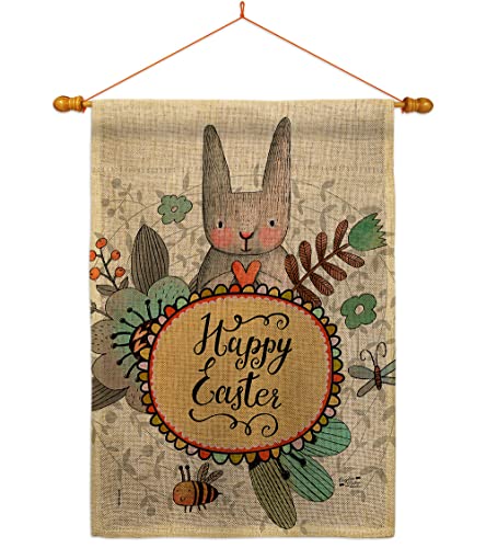 Angeleno Heritage Very Happy Easter Burlap House Flag Dowel Set Springtime Bunny Egg Christian Season Holiday Decoration Banner Small Garden Yard Gift Double-Sided, Made in USA