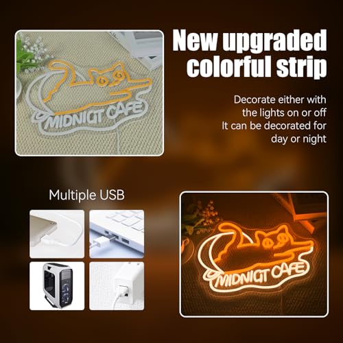 Image of Ineonlife Cat Cafe Neon Sign, Midnight Cafe LED Light for Coffee Shop Decor, Cat Neon Signs Wall Lamp for Cat Coffee Shop Dessert Bakery Cafe Bar, Acrylic Light Up Sign (15.35 inch x 11.02 inch)