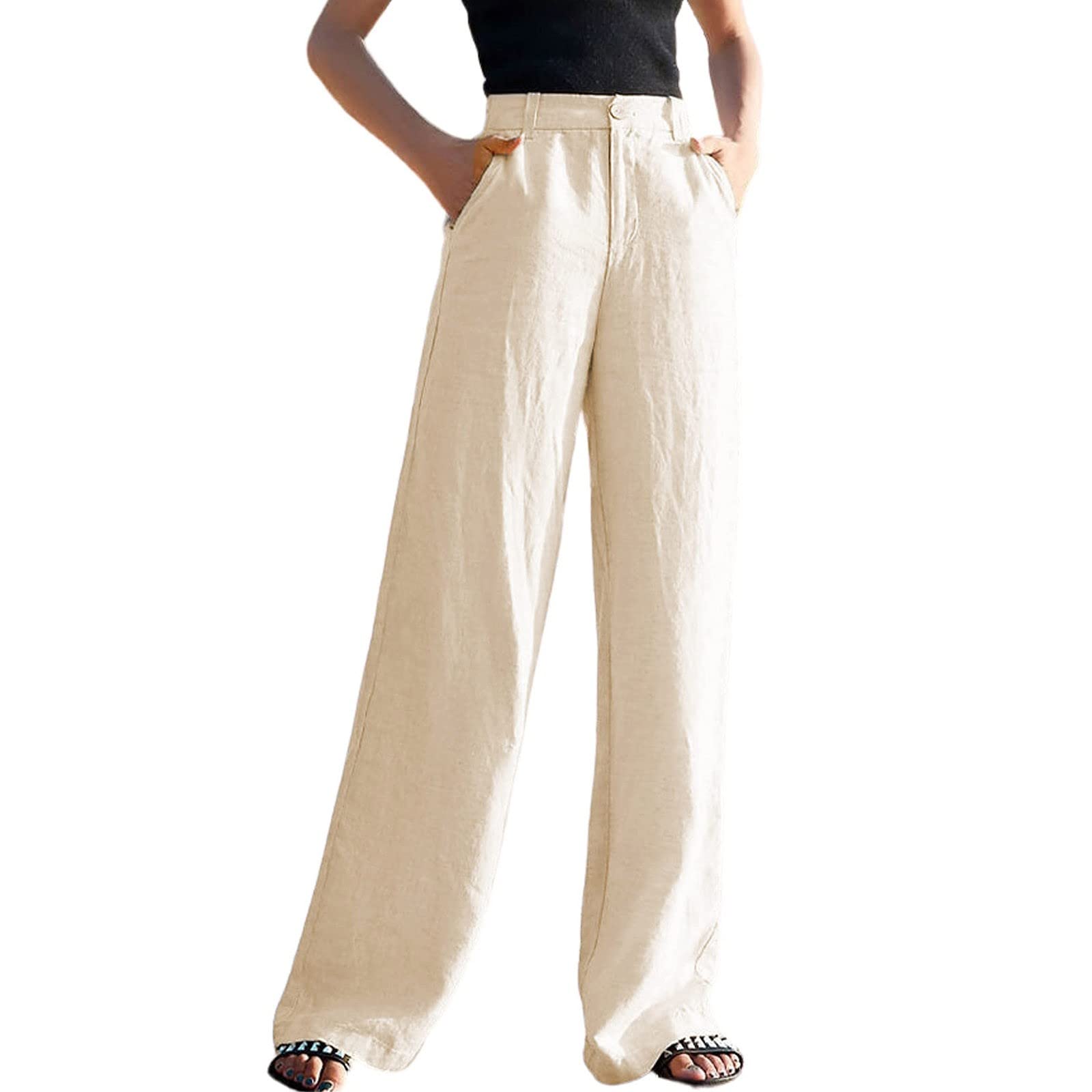 Pantalon Femme, Décontracté À Jambe Large En Coton Et Lin Pour, Idéal Pour L'Été