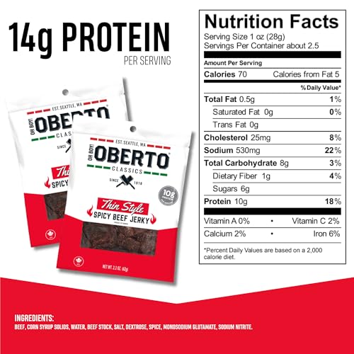 Image of Oberto Classics Thin Style Beef Jerky, Spicy Flavor, No Artificial Ingredients, High Protein, Gluten Free, Wood Smoked, Premium Steak Beef Jerky High Protein Snacks, 2.2 Ounce (Pack of 8)