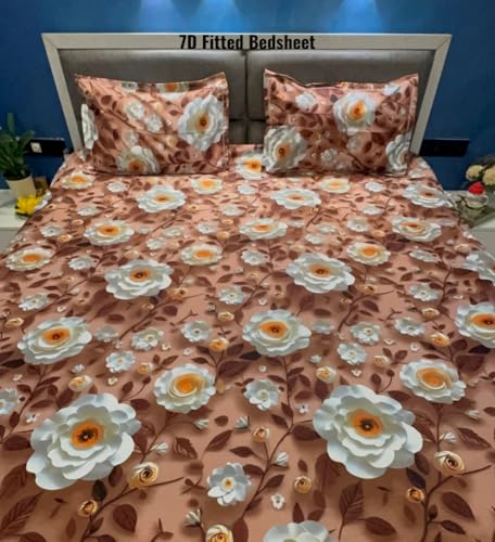 Image of 350 TC Premium Heavy Cotton 7D Print Fast Colour Feel Elastic Fitted Floral Bedsheet Double Size(72 X 72 X 8) with 2 Pillow Covers Size(17 x 27) Double Bed (Double 72x72) (Brown)
