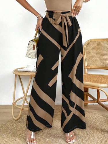 MakeMeChic Women's Belted Paperbag Elastic High Waist Palazzo Pants Printed Casual Wide Leg Pants3
