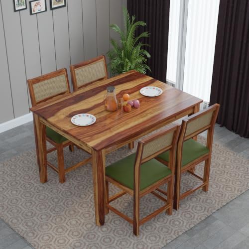 Image of DRIFTINGWOOD Amber Solid Sheesham Wood 4 Seater Dining Table Set with Rattan Back Chairs | Green Velvet Cushioned Seating for Home & Dining Room (Natural Finish, DIY)