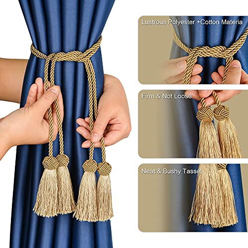 UNIAISENG 2PCS Hand-Woven Curtain Tiebacks, Curtain Tie-Backs Tassel, Elegant Curtain Holdbacks for Home Office Thin or Sheer Window Drapry Decor-Gold - Image 2