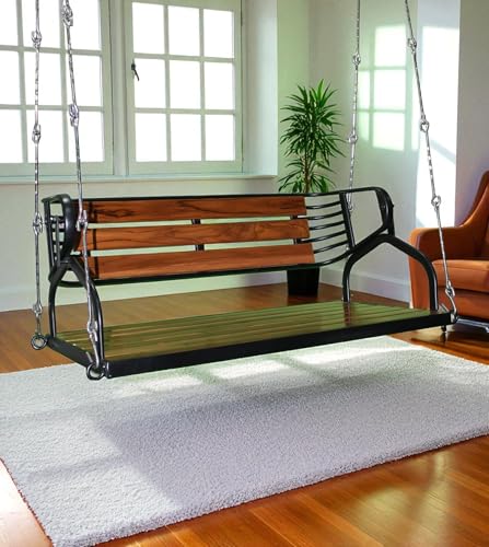 Image of Kaushalendra Hanging Swing for Indoor Outdoor Balcony, 91 cm Stainless Steel & Teak Wood, 300kg Capacity, Pre Assembled, Black Powder Coated, Includes Springs & Hooks