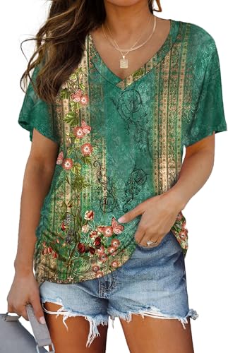 Image of WIHOLL Womens Summer T-Shirts Short Sleeve V Neck Dolman Tops with Side Shirring Loose Fit Shirts Spring Fashion