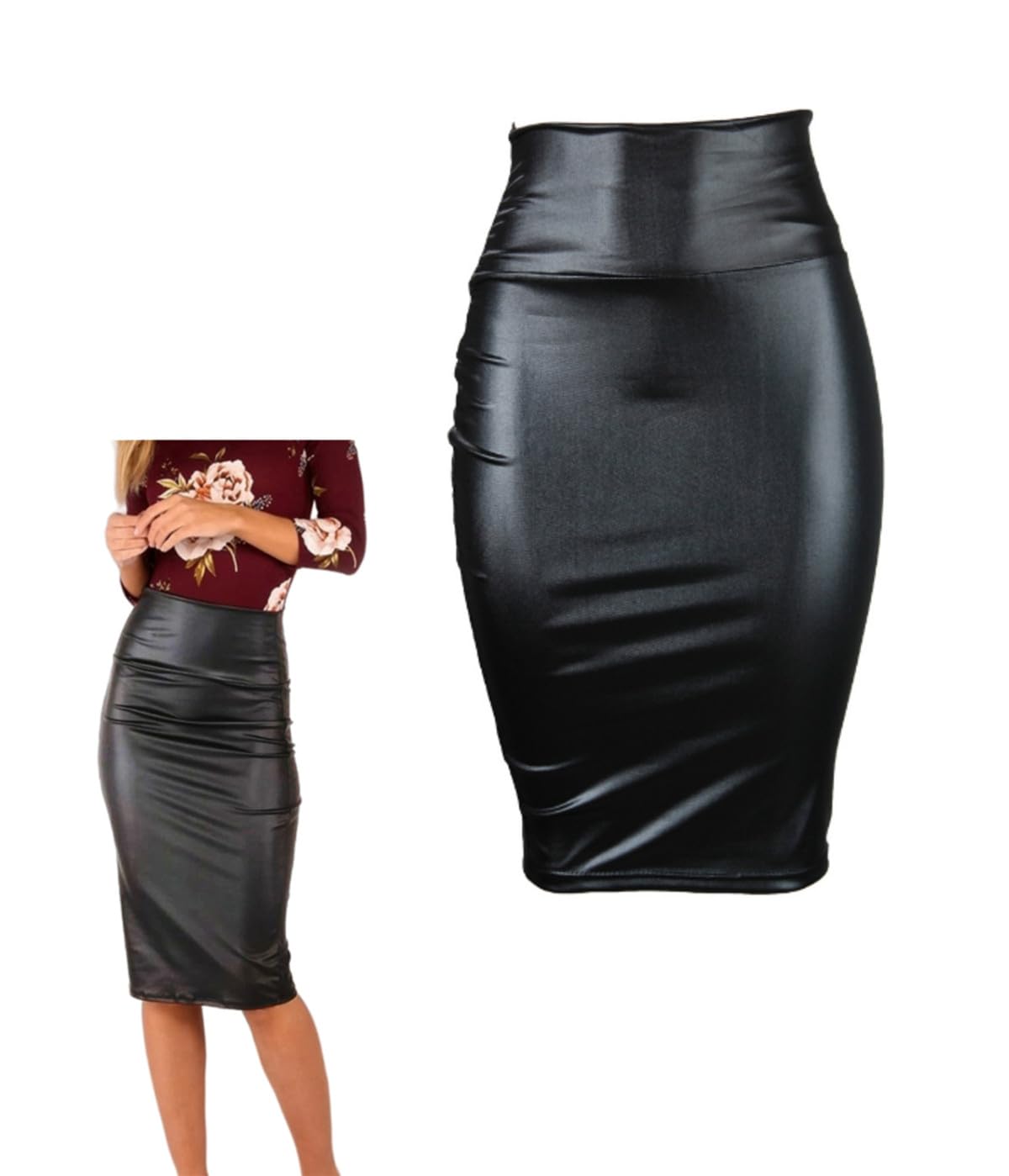 Women's PU High Waist Bodycon Pencil Midi Skirt - Black Faux Leather Wrap Office Skirt for Work & Casual Occasions