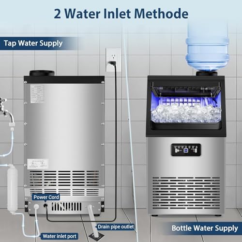 Image of Commercial Ice Maker Machine with 20 Storage Bin, 100Lbs /24H, 36Pcs Ice Cubes 9-15Mins, Dual Water Inlet Options Stainless Steel Under Counter Freestanding Ice Cube Machine for Home, Party, Office