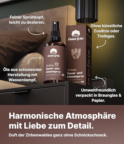 Emma Grün® Zirbenspray & Zirbenduft 100ml [AUS WILDWUCHS] - Raumspray & Kissenspray mit Naturreinem Pinus Cembra - Natürliches Zirbenspray für Auto Duft, Raumduft & für Zirben Produkte