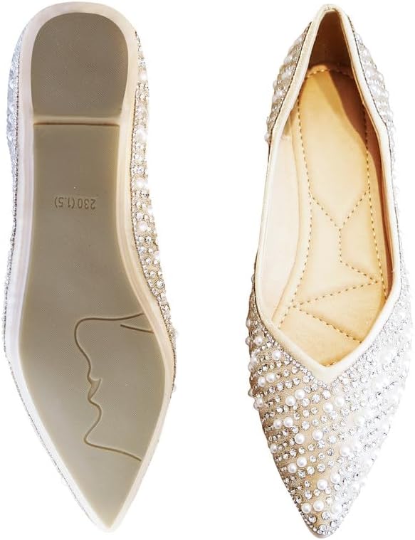 Women's Rhinestone Flats Fashion Pointed Toe Pearl Diamond Low Heel Dress Wedding Flats Work Business Casual Flats Shoes - Image 5
