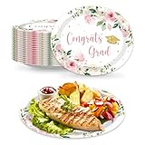 Vanulus 50Pcs Graduation Oval Paper Plates Pink Floral Congrats Grad Disposable Serving Dish 10" x 12" Class of 2026 Grad Congrats Disposable Party Platters for Graduation Party Decorations