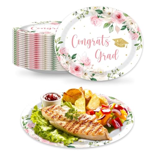 Vanulus 50Pcs Graduation Oval Paper Plates Pink Floral Congrats Grad Disposable Serving Dish 10" x 12" Class of 2026 Grad Congrats Disposable Party Platters for Graduation Party Decorations