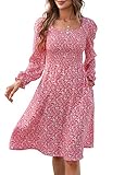 Berydress Women's Puff Long Sleeve Pink Floral Smocked Dress Knee-Length Flowy Casual Party Dresses with Pockets (L, 6191-Pink Floral)