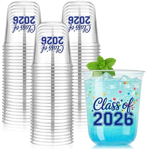 Potchen 50pcs Graduation Cups Class of 2026 12oz Clear Plastic Graduation Party Cups for 2026 Celebration Party Supplies Congrats Grad Tableware Decoration(Blue)