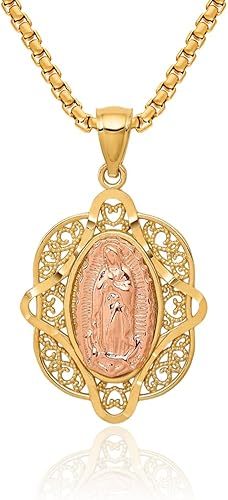 Collar con dije de oro amarillo de dos tonos de 14 quilates con dije de maría medalla religiosa de Nuestra Señora de Guadalupe joyería fina para