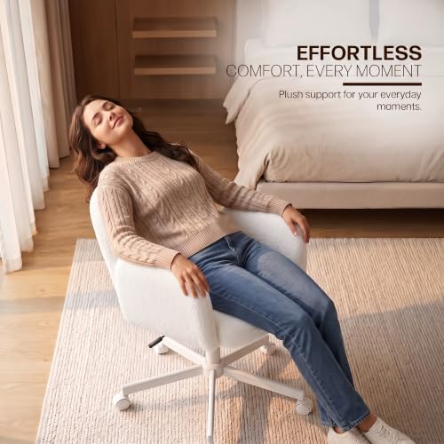 Image of DROGO Petal Boucle Fabric Office Chair for Work & Home | Vanity Desk Chair for Bedroom & Living Room | Computer Chair with 135 Recline & Rocking Function | Heavy Duty Metal Base, 1Yr Warranty (Cream)