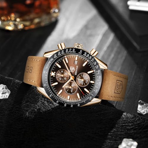 Image of BENYAR Mens Watches Quartz Movement Chronograph Leather Strap Fashion Business Sport Design 30M Waterproof Scratch Resistant Elegant Gifts for Men