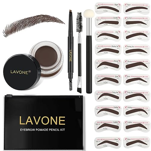 LAVONE Juego de 3 sellos para cejas con lápiz de cejas impermeable, ungüento para cejas, 20 plantillas para cejas, cepillo de cejas de doble cara
