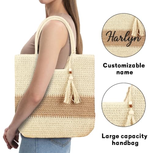 Personalized Name Woven Tote Bag with Embroidery Name, Custom Straw Bag,Beach Women Hand Bag,Holiday Summer Vacation Tote Bag4
