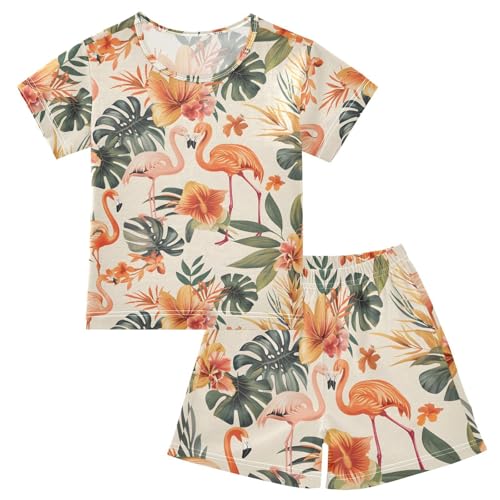 ALAZA Palm Leaf Flamingo Flower Pajamas Short Sleeve 2 Piece Sleepwear Top and Bottom Pajama Set Unisex