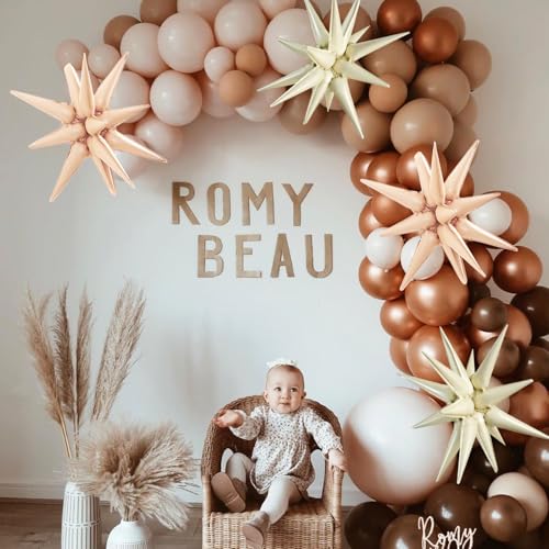 Image of TONIFUL 8 Pcs Cream White Caramel Explosion Foil Star Balloons Party Decor | 22 Inch Large Mylar Star Balloon for Fall Party Decor Boho Birthday Wedding Bridal Shower Neutral Baby Shower Engagement