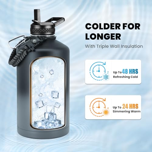 Image of RAYMYLO One Gallon Water Bottle Insulated, Triple Walled Vacuum Stainless Steel (Cold for 48 Hrs), Leak Proof & Non-BPA, Large Water Flask Jug with Paracord Handle & Straw Spout Lids