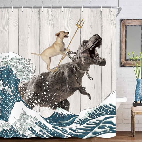 Image of Boziqr Funny Dog Shower Curtain, Japanese Ocean Wave Dinosaur Rustic Barn Door Decor Fabric Bathroom Curtains Set, Cute Animal Kids Polyester Fabric Waterproof, 70 X 84 Inches