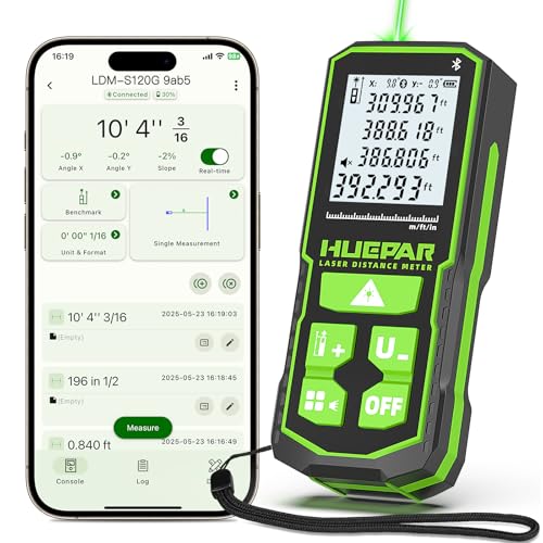 120m Outil de Mesure Laser Vert Huepar avec Contrôle par Application, Distancemètre Bluetooth Rechargeable, Capteur d'angle, Modes Multiples, IP54 Étanche Durabilité pour Maison et Construction