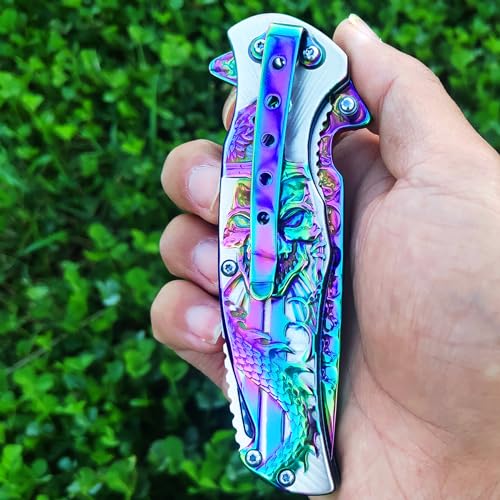 MADSMAUG skull Pocket Knife, Cool Rainbow Pocket Folding Knife, 3D TITANIUM-PLATED SKULL EDC knife For Men Outdoor Survival Camping, Great festival Christmas Gift (Rainbow) by MADSMAUG - Image 4