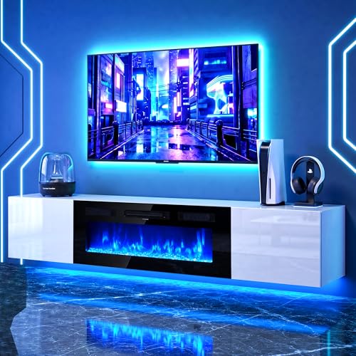 OneBlis 70 Floating TV Stand Wall-Mounted Entertainment Center with 36 Electric Fireplace Fits TVs Up to 80 Inches Media Console with LED Lights for Living Room White+Black