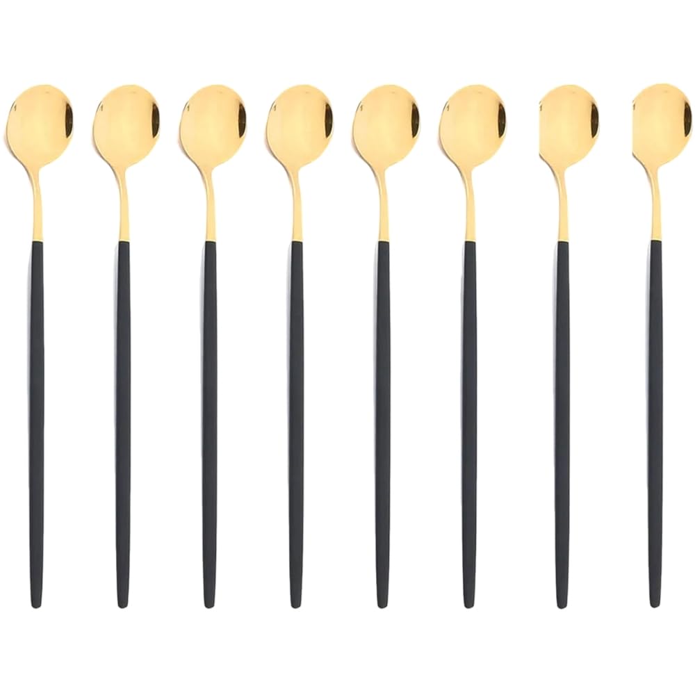 Juego de cubiertos de acero inoxidable con mango largo, 8 piezas, cuchara para mezclar café, té, utensilios de cocina, bar, color negro y dorado