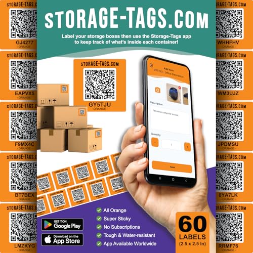 QR Code Storage Tags (Orange) - Smart Stickers - Tracking Labels for Totes - Scan Storage Bins & Containers - Moving House - Track Inventory - Android and iOS App - Pack of 60