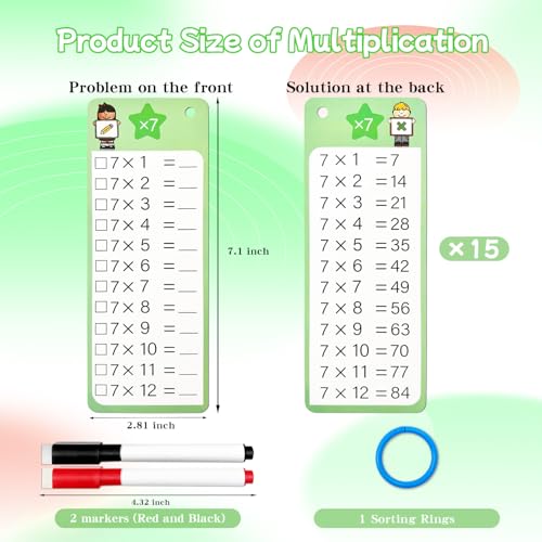 Kiadekoce Multiplication Flash Cards 0-12, 15PCS Times Table Flash Cards Chart, with Dry Erase Markers Sorting Ring, 1st, 2nd, 3rd Grades Educational Math Multiplication Game for Kids Classroom Home - Image 3