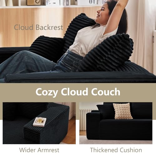 Image of 167.7 inch Sectional Cloud Couch for Living Room, Stupendous U Shaped Sofas, Modular Floor Deep-Seat Sofa, Big Comfy Corduroy Couches Set with Fluffy Memory Foam, No Assembly Required, Black