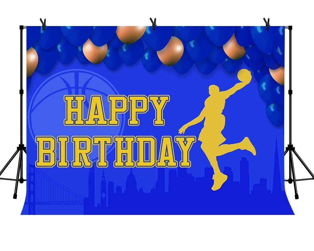 LYLYCTY 7x5ft Happy Birthday Backdrop for Kids Boy Basketball Birthday Party Supplies Royal Blue Balloon Background Photo Banner Studio Booth Props