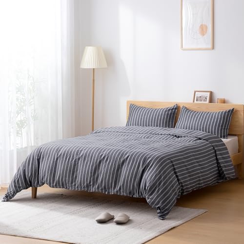 Image of TOCOMOA Striped Duvet Cover Set 100% Natural Cotton, Grey & White, King
