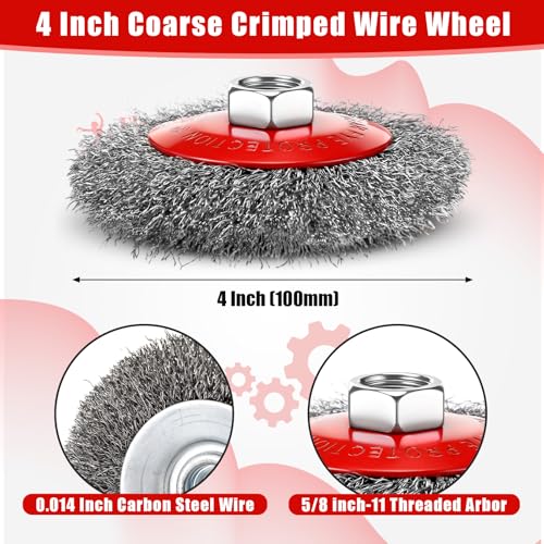 Image of Bokon 4 Pack 4 Inch Coarse Crimped Wire Wheel for 4 1 /2 Angle Grinder with 5 /8 Inch-11 Threaded Arbor - 0.014 Inch Carbon Steel Wire for Rust, Corrosion, Paint Removal