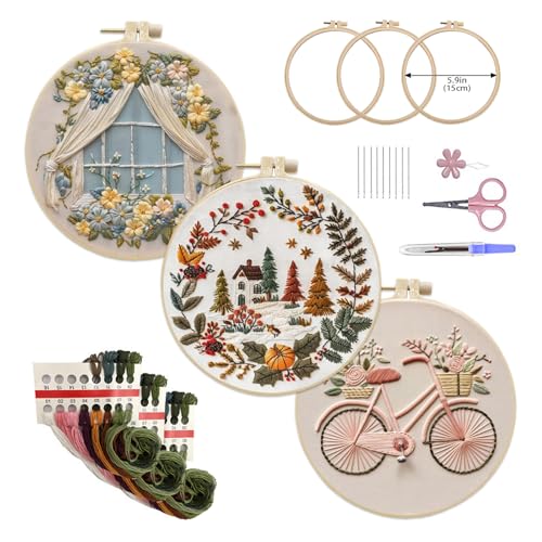 Image of AEDNX 3PC Beginner Embroidery Kits, DIY Cross Stitch Kit for Adults, Includes 3 Embroidery Hoops, Detailed Instructions, and Accessories