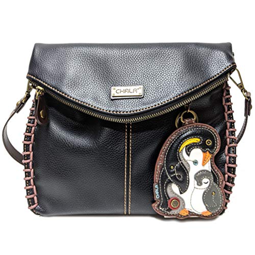 CHALA Charming Crossbody Bag With Flap Top and Zipper, Shoulder Handbag with Leather Keyfob - BLACK
